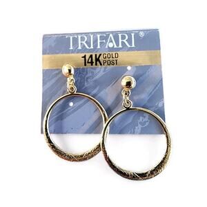 NEW Trifari Earrings Etched Circle Hoop Dangle 14K Gold Posts Drop 90s Jewelry